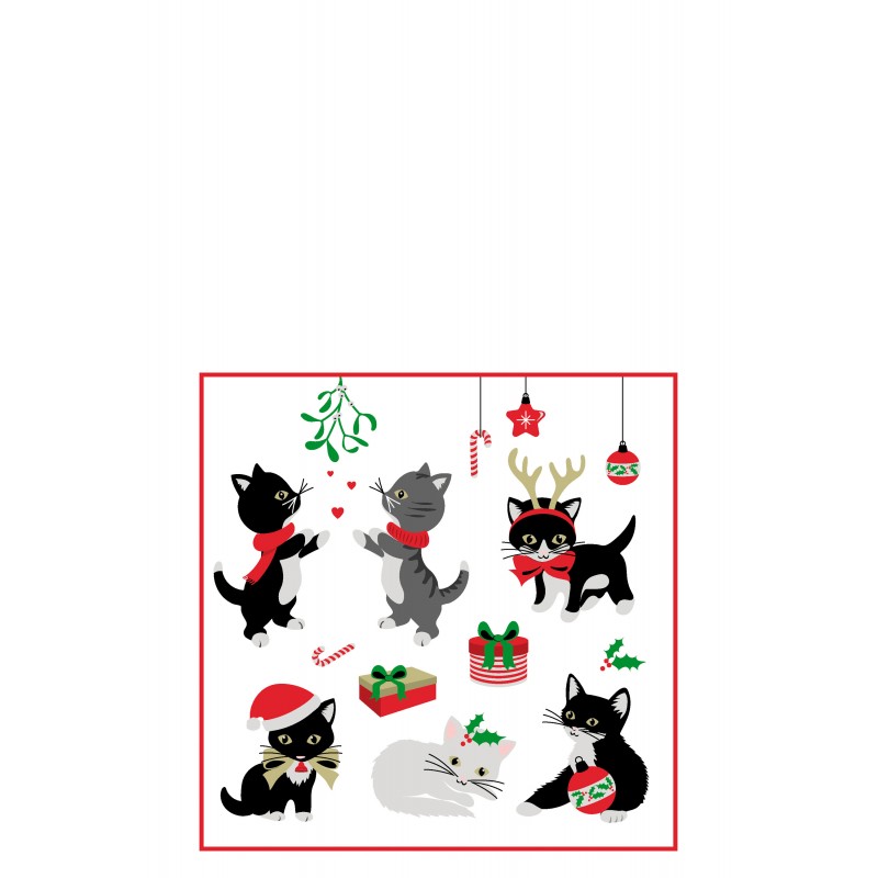 Lote de 20 servilletas de Navidad con gatos en papel blanco y rojo de 16x16