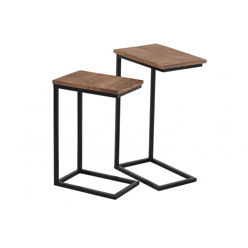 Set de 2 tables gigognes en bois naturel et métal noir 42x28x64.5 cm