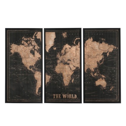 Mappemonde en triptyque en bois marron - noir 181.5x3.5x120.2 cm