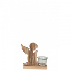 Portavelas de vidrio con un ángel de madera natural de 16x7x15 cm