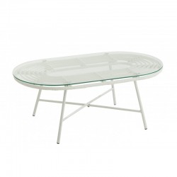 Table basse d'exterieur plateau en verre et en métal blanc 90x50x36 cm