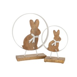 Lapin avec noeud dans cercle métal en bois de manguier naturel 21x4x31cm