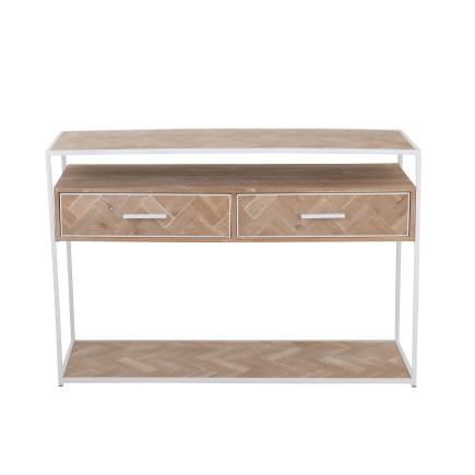 Console avec tiroirs en bois naturel et métal blanc 120x40x80cm