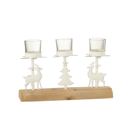 3 photophores en verre sur décoration de noël en bois et métal blanc L27cm