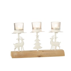 3 photophores en verre sur décoration de noël en bois et métal blanc L27cm