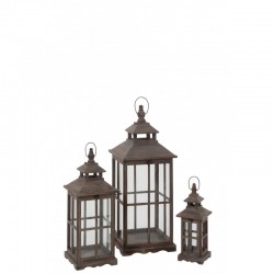 Set de 3 lanternes en verre et bois marron 31.5x31.5x85 cm