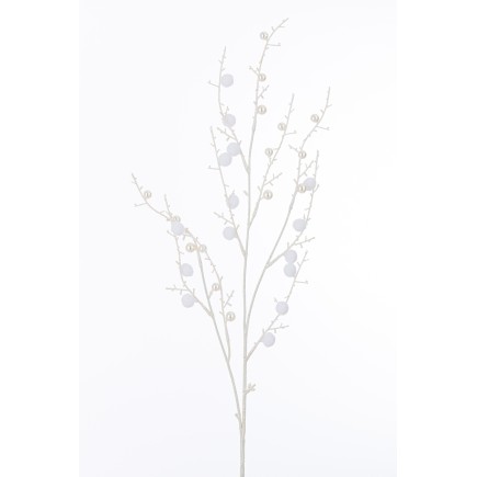 Branche de pompoms et perles en plastique blanc 3x8x93 cm