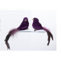 Set de 2 oiseaux avec clip en résine mauve 16x4x6 cm