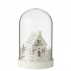 Décoration de Noël illuminé sous cloche en bois blanc 14x14x22.5 cm