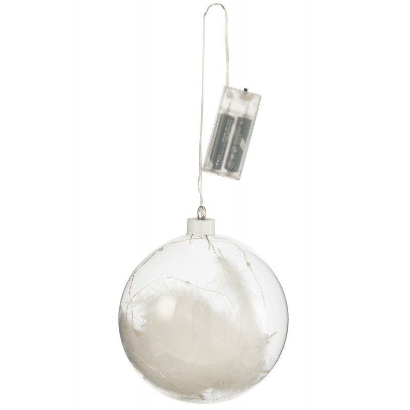 Boule décorative plume et led en verre blanc 15x15x15 cm