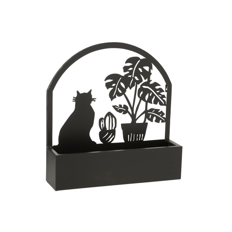 Pot de fleurs mural avec fleur et chat en métal noir L41*l11*H54cm