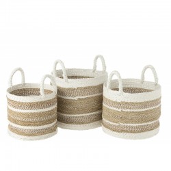 Conjunto de 3 cestas rayadas de rafia blanca y natural de 35 a 42 cm de diámetro