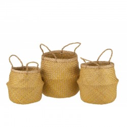 Set de 3 cestas apilables de rafia amarilla de 35x35x19 cm