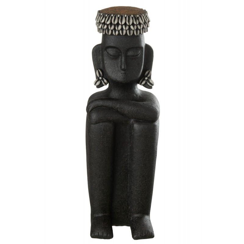 Estatua étnica sentada de resina negra de 15x16x49 cm