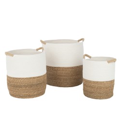 Set de 3 cestas redondas con asas de tela blanca 37x38x45 cm