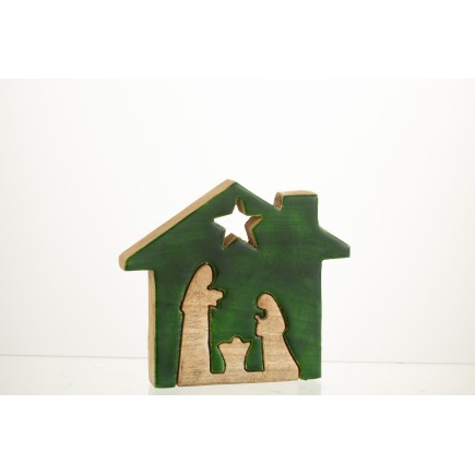 Crèche puzzle maison en bois vert 19x16x4 cm