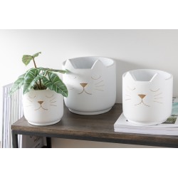 Vaso di fiori in cemento bianco con gatto dorato H16cm