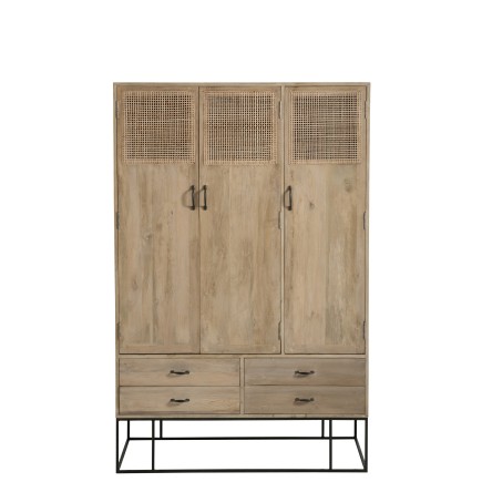 Armoire 3 portes et 4 tiroirs en bois naturel 115x45x175.5 cm