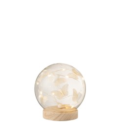 Boule avec papillons et led en verre blanc 13 x 13x13 cm