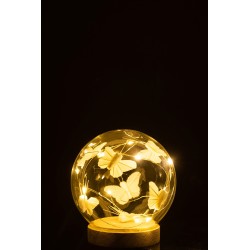 Boule avec papillons et led en verre blanc 13 x 13x13 cm