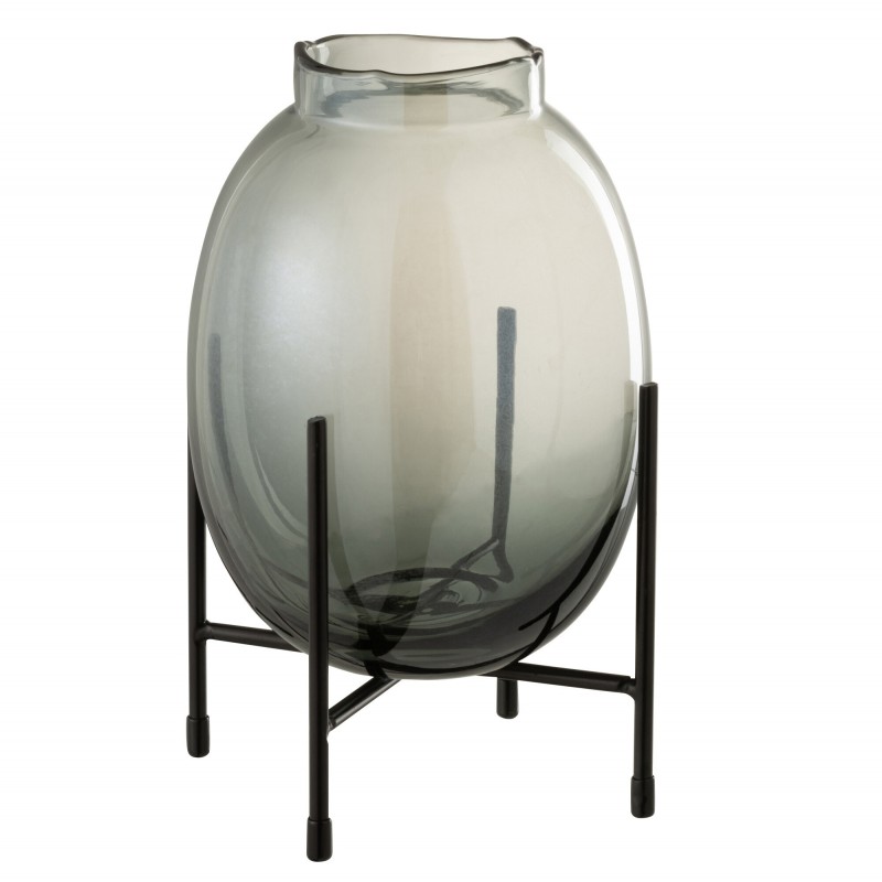 Vase à bord irrégulier avec support noir en verre gris 16x16x25 cm