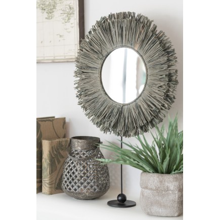 Miroir rond sur socle en Raphia gris 41x9x51 cm