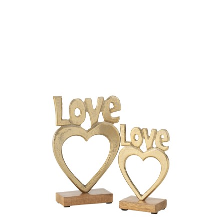 Cuore d'amore su base di legno in alluminio dorato 14,5x5x21 cm