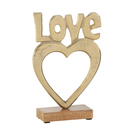 Coeur love sur socle bois en aluminium doré 14.5x5x21 cm