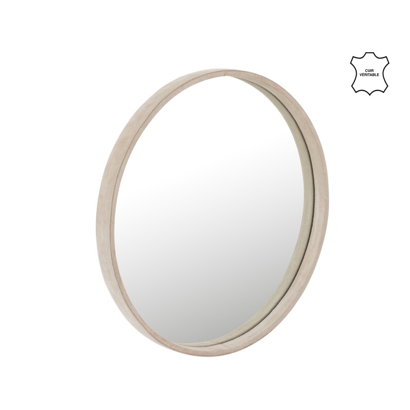 Miroir rond avec cadre en cuir beige de 40 cm