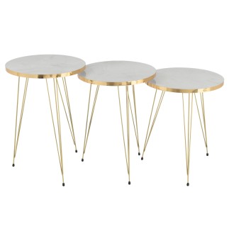 Set de 3 tables de salon en bois blanc et doré H48 à 56 cm