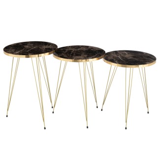 Set de 3 tables de salon en bois noir et doré H48 à 56 cm