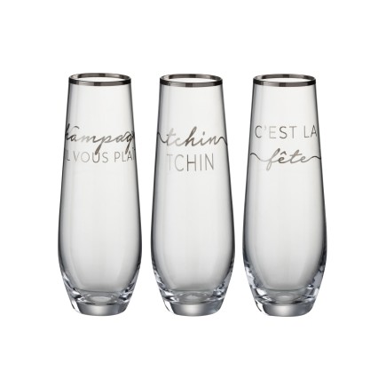 copia de Set de 3 vasos altos con texto plateado en vidrio transparente de 6x6x16 cm