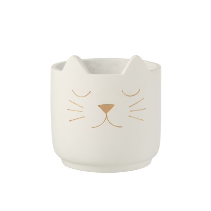 Vaso di fiori in cemento bianco con testa di gatto dorata H19cm