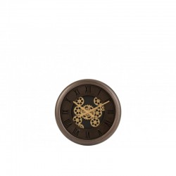 Reloj de pared redondo con mecanismo visible, color marrón y dorado, 52x52x7 cm