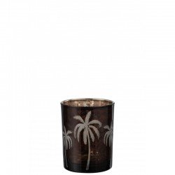 Portavelas de vidrio marrón con diseño de palmeras