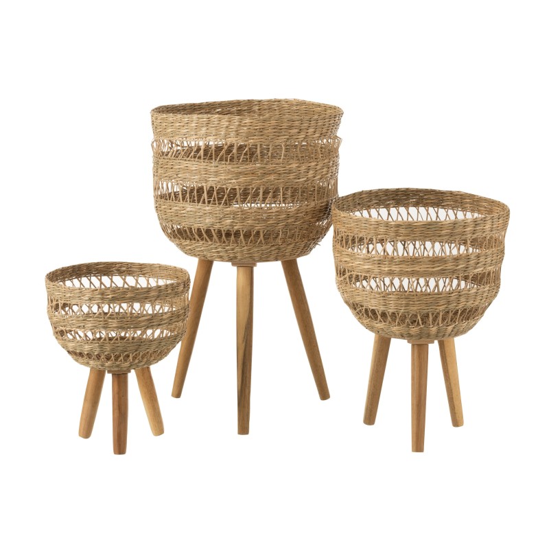 Conjunto de 3 cestas con soporte de madera natural de 36x33x59 cm