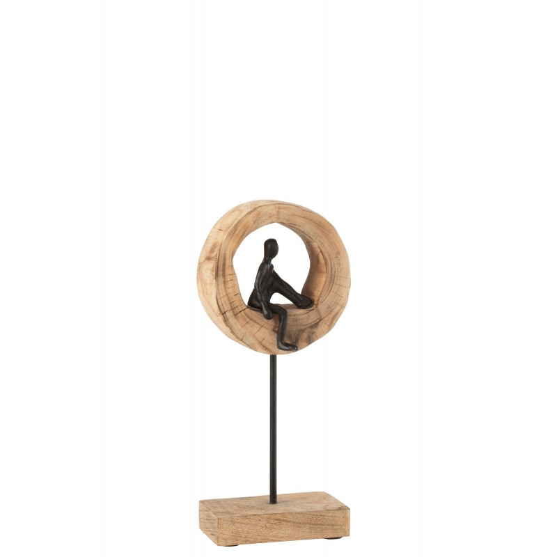 Figurine noire sur socle en bois naturel 9x17.5x39.5 cm
