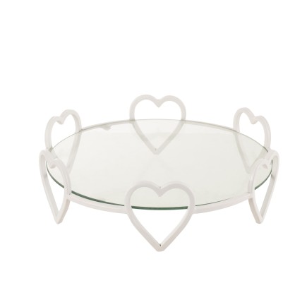 Plato con soporte en forma de corazón de metal blanco de 36x36x10 cm