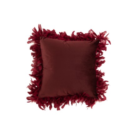 Coussin carré avec bords plumes en polyester bordeaux 45x45cm