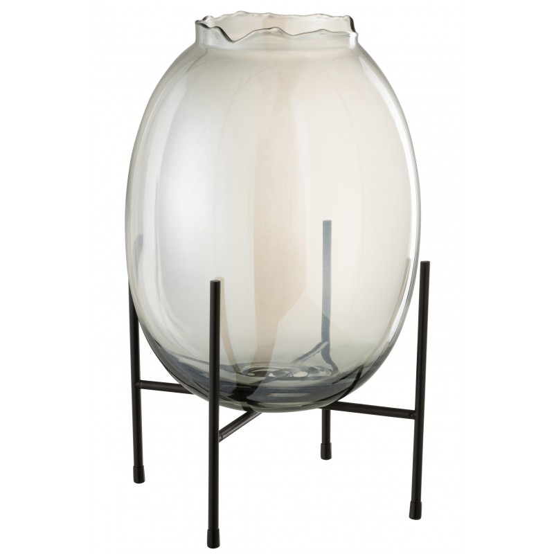 Vase à bord irrégulier avec support noir en verre gris 26x26x40 cm