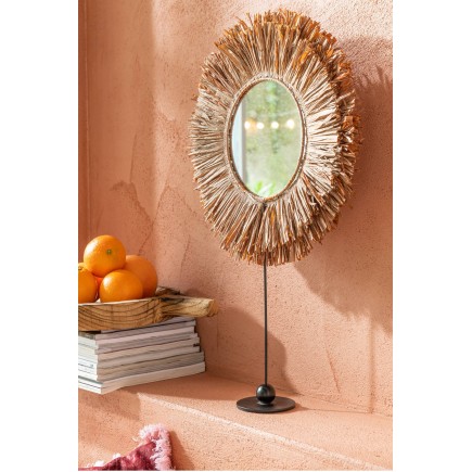 Miroir rond sur socle en Raphia marron 41x9x50 cm