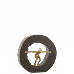 Figurina de aluminio dorado en un círculo de madera de mango negro de 27x12x27cm