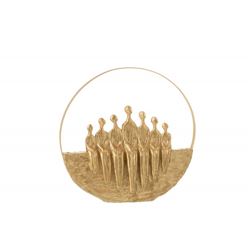 7 personajes sentados en un círculo de resina dorada de 30x8x30cm