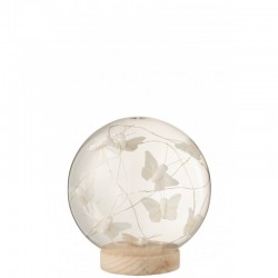 Campana bola led mariposas cristal/madera blanco/natural Alt. 16 cm