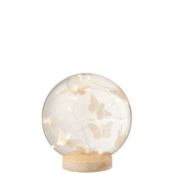 Boule avec papillons et led en verre blanc 15x15x16 cm